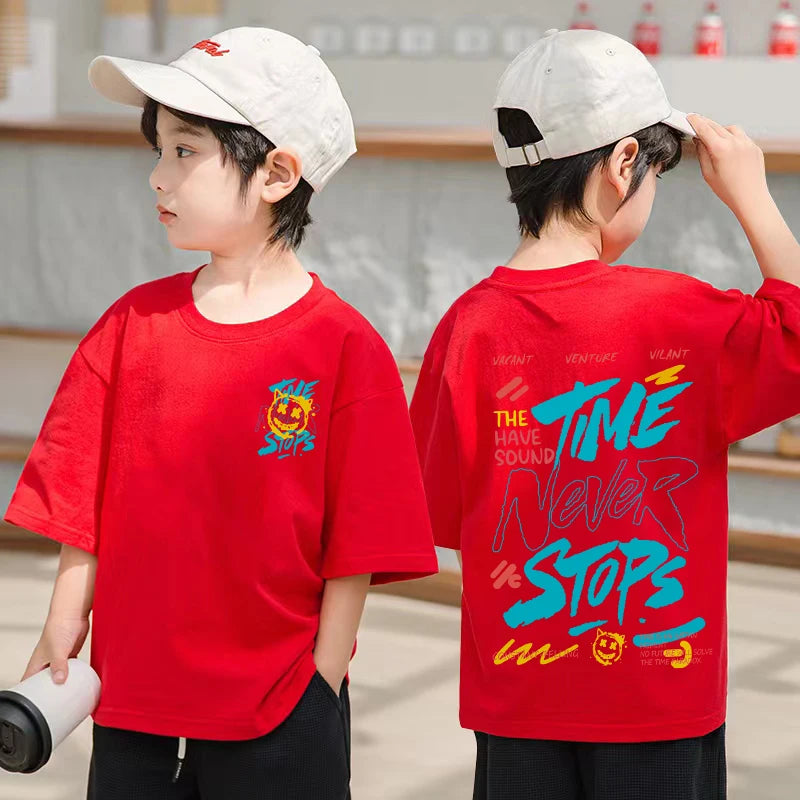 Korean Children's Clothes 2025 Boys Hip Hop Graphic T Shirts Summer Loose Cotton Short Sleeve Tops Tees Kids Clothing 9 10 Years