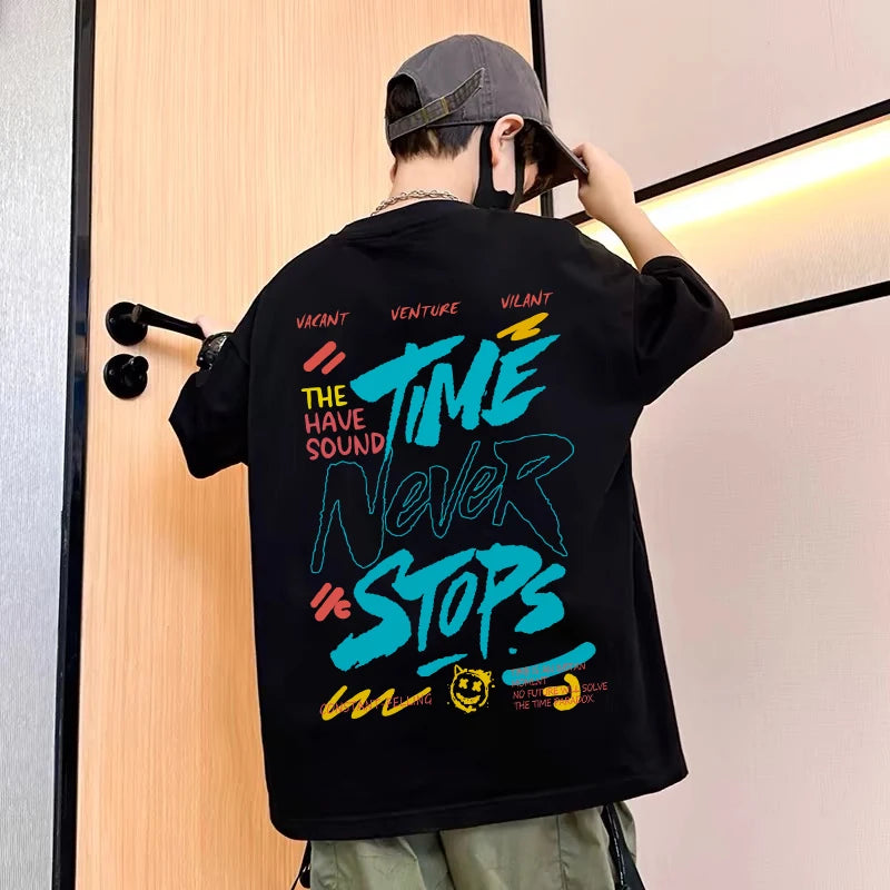 Korean Children's Clothes 2025 Boys Hip Hop Graphic T Shirts Summer Loose Cotton Short Sleeve Tops Tees Kids Clothing 9 10 Years