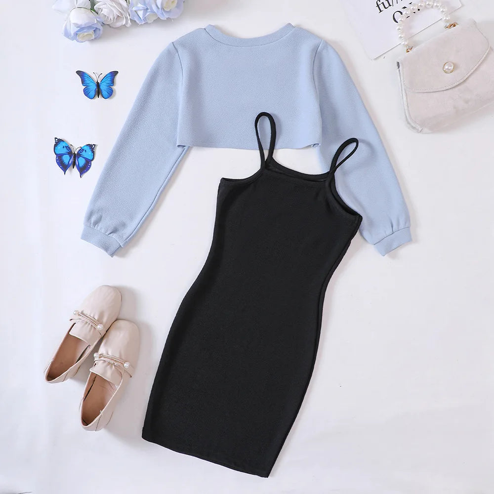 Kids Casual Clothing Sets Outfits for Girls 2024 Autumn Children Fashion Long Sleeve Short Tops Print Cami Bodycon Dress 5-14Y