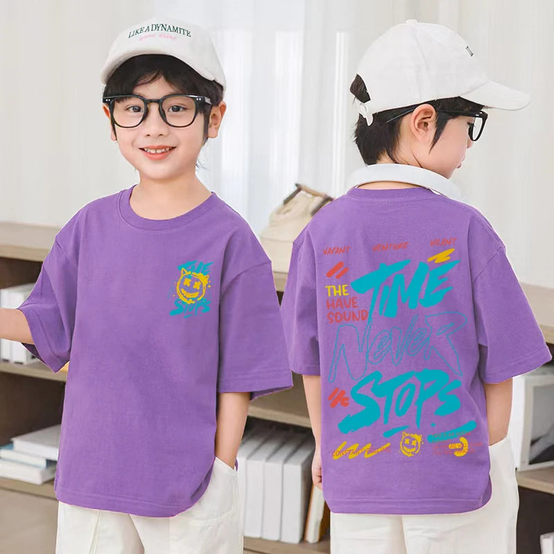 Korean Children's Clothes 2025 Boys Hip Hop Graphic T Shirts Summer Loose Cotton Short Sleeve Tops Tees Kids Clothing 9 10 Years