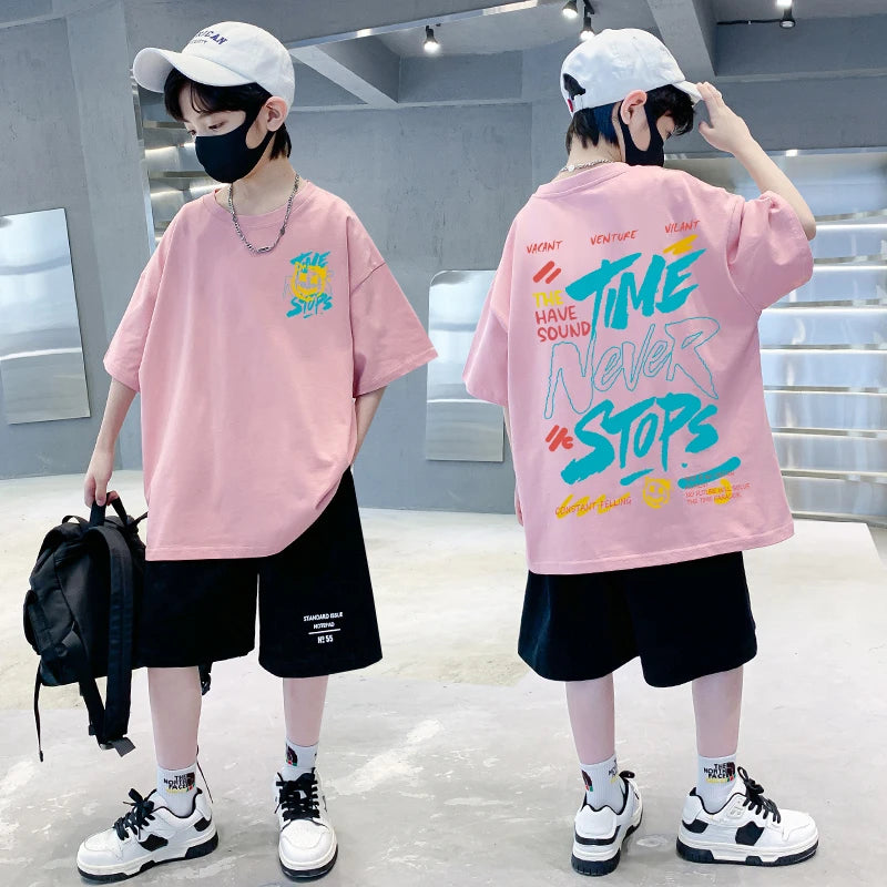 Korean Children's Clothes 2025 Boys Hip Hop Graphic T Shirts Summer Loose Cotton Short Sleeve Tops Tees Kids Clothing 9 10 Years
