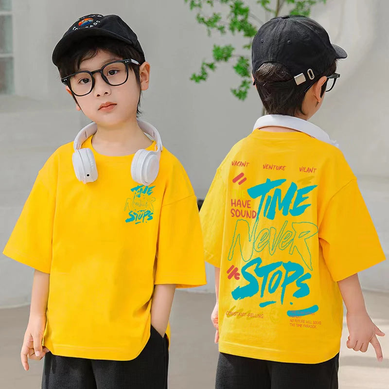 Korean Children's Clothes 2025 Boys Hip Hop Graphic T Shirts Summer Loose Cotton Short Sleeve Tops Tees Kids Clothing 9 10 Years