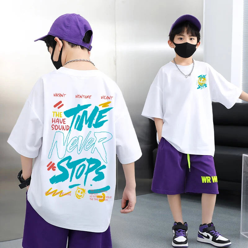 Korean Children's Clothes 2025 Boys Hip Hop Graphic T Shirts Summer Loose Cotton Short Sleeve Tops Tees Kids Clothing 9 10 Years
