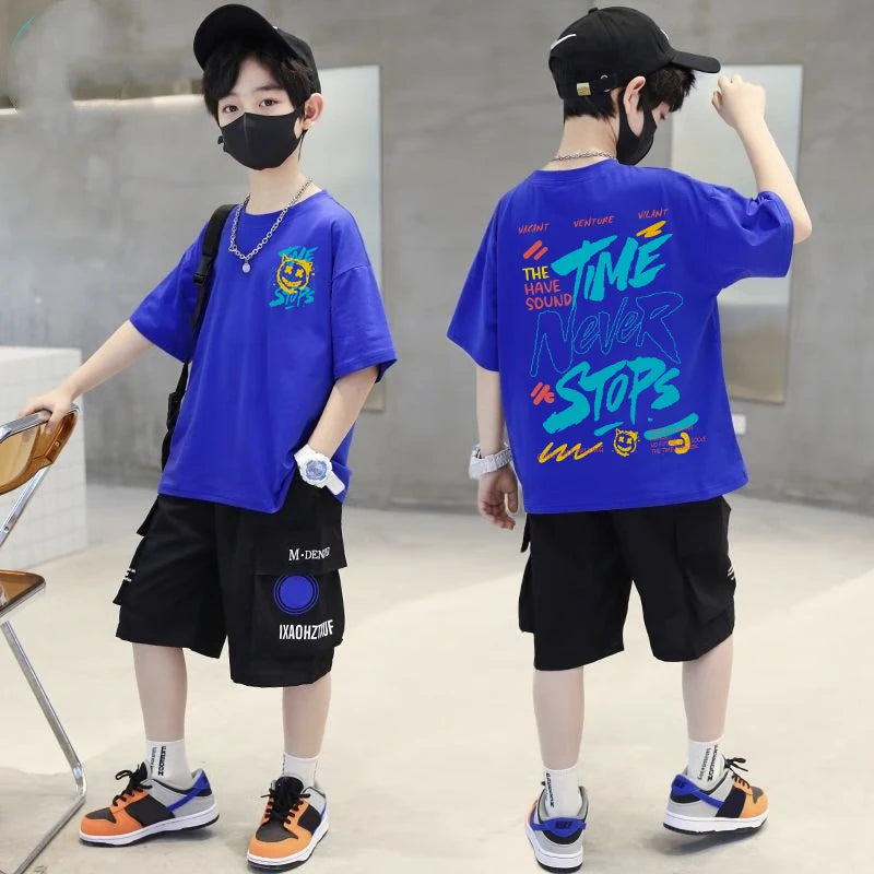 Korean Children's Clothes 2025 Boys Hip Hop Graphic T Shirts Summer Loose Cotton Short Sleeve Tops Tees Kids Clothing 9 10 Years