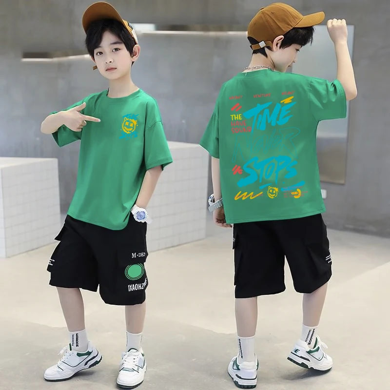 Korean Children's Clothes 2025 Boys Hip Hop Graphic T Shirts Summer Loose Cotton Short Sleeve Tops Tees Kids Clothing 9 10 Years